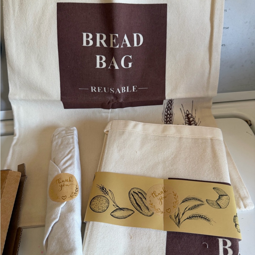Reusable Bread Bag Set in Natural Canvas with Brown Print Beeswax